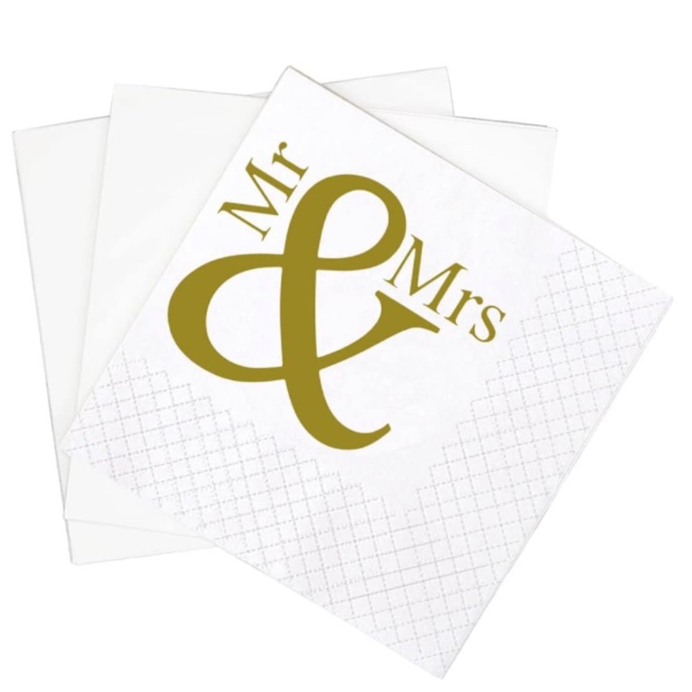 Mr & Mrs Cocktail Napkins, 100 Pack Gold Mr and Mrs Wedding Napkins| 2-Ply, 5x5"